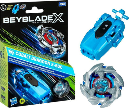 Beyblade X Cobalt Dragoon 2-60C Deluxe Launcher Set featuring the silver/blue top and blue string launcher, next to the packaging