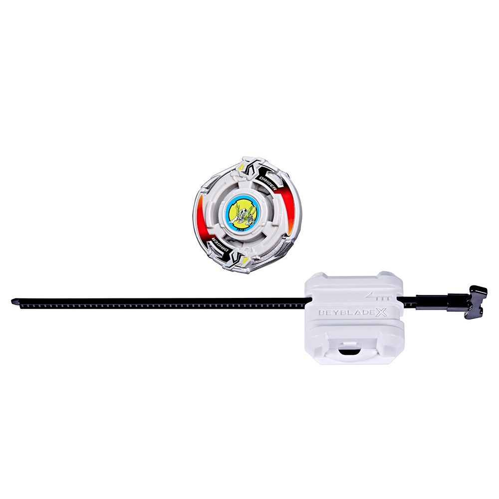 White Beyblade Driger spinning top, with red accents, and a Beyblade X launcher with a black ripcord, set for launching