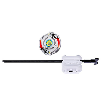 White Beyblade Driger spinning top, with red accents, and a Beyblade X launcher with a black ripcord, set for launching