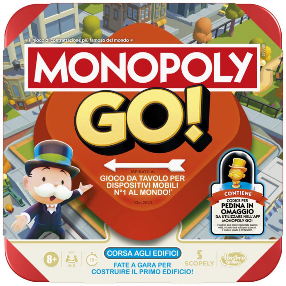 Monopoly GO game box featuring the title, a character in a top hat and suit, and a cityscape board background