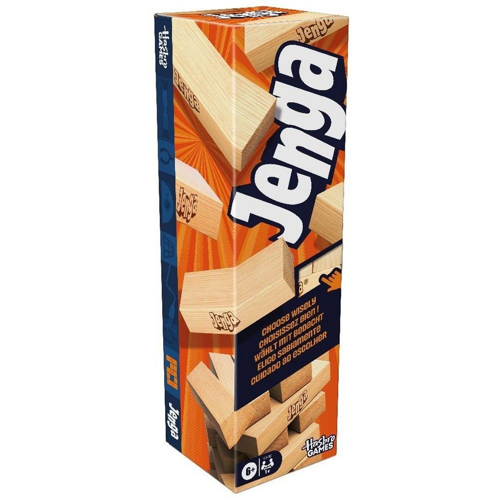 Orange Jenga game box by Hasbro, featuring the white Jenga logo and illustrations of wooden blocks