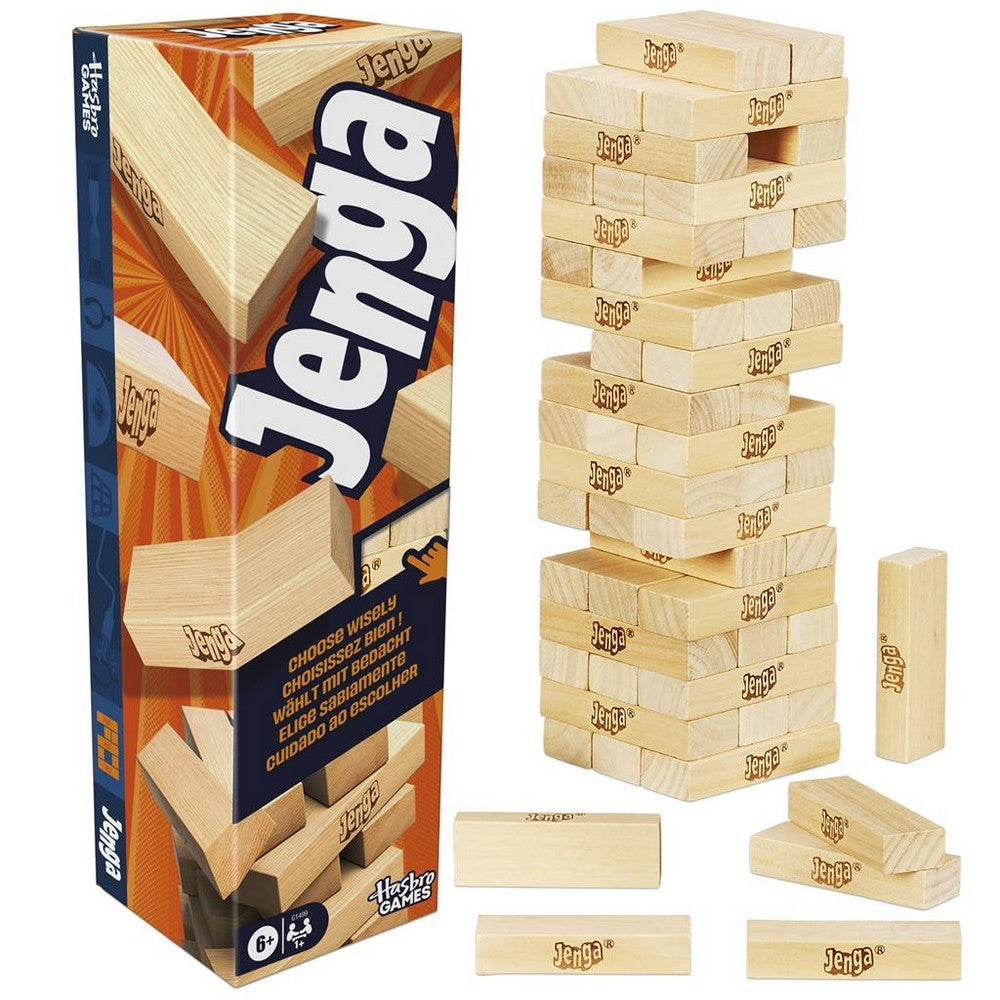 Jenga game box next to a wooden block tower and loose blocks