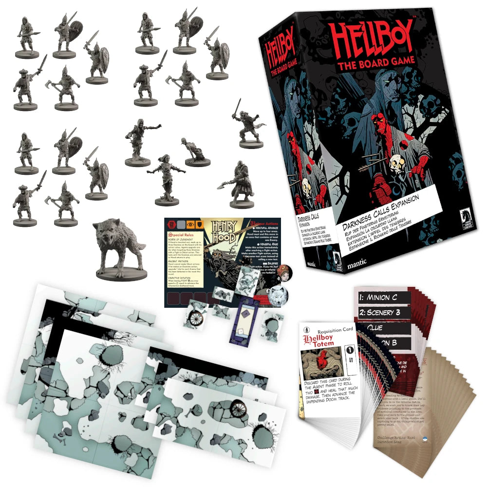 Hellboy: The Board Game - Darkness Calls Expansion  components including the box, grey character miniatures, modular game tiles, and various game cards