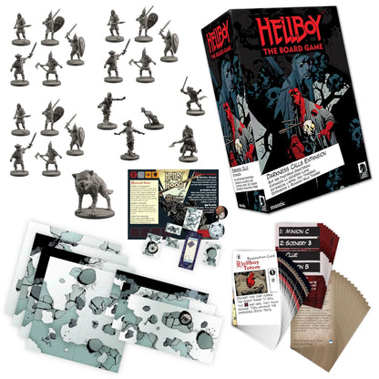 Hellboy: The Board Game - Darkness Calls Expansion  components including the box, grey character miniatures, modular game tiles, and various game cards