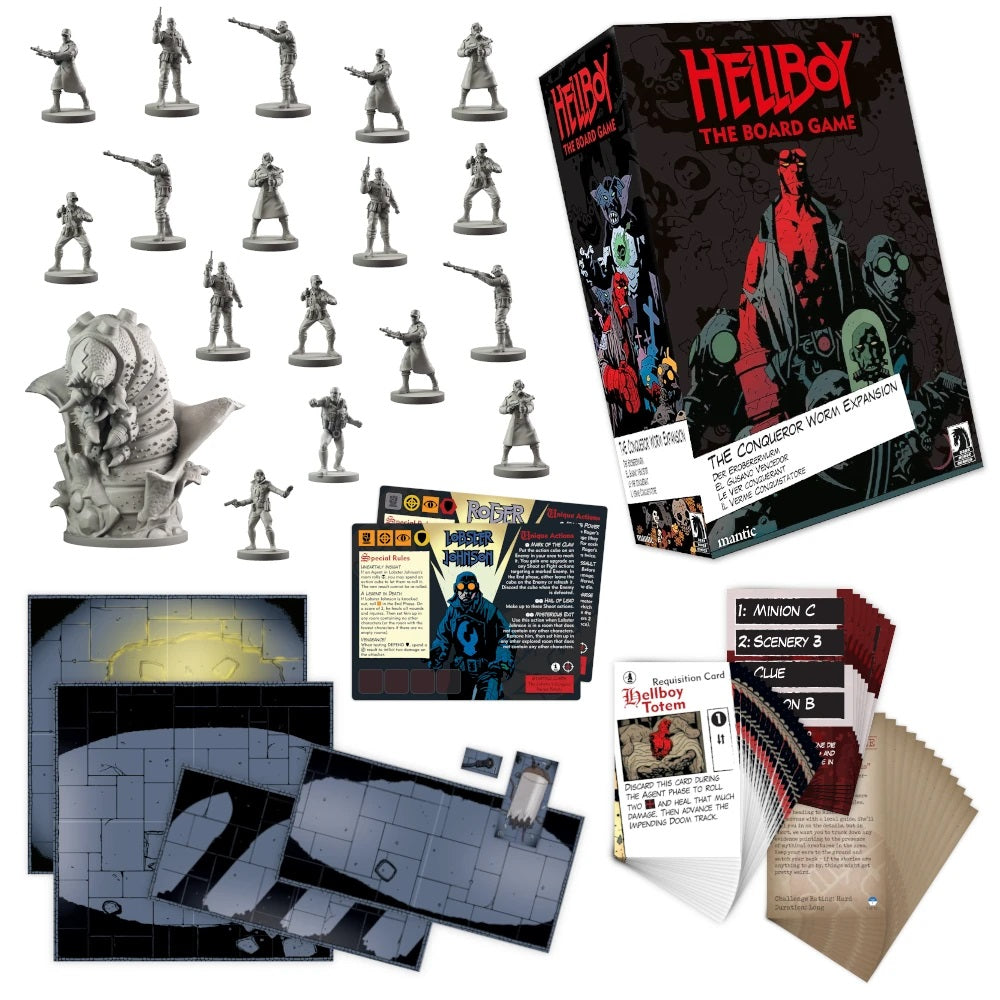 Hellboy: The Board Game - The Conqueror Worm Expansion set showing its box, numerous grey character and monster miniatures, game cards, and modular board tiles