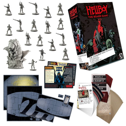 Hellboy: The Board Game - The Conqueror Worm Expansion set showing its box, numerous grey character and monster miniatures, game cards, and modular board tiles