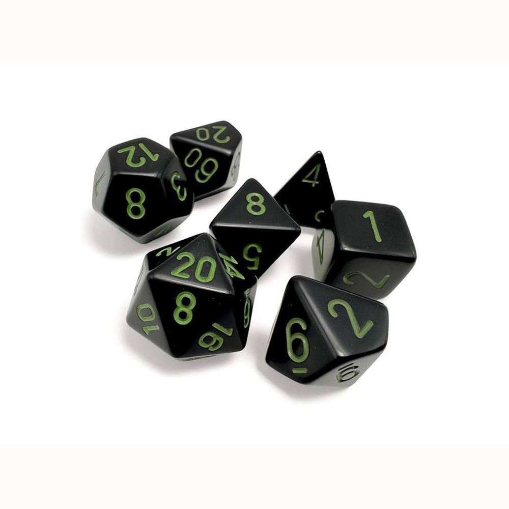 Black polyhedral RPG dice with bright green numbers, arranged on a white surface