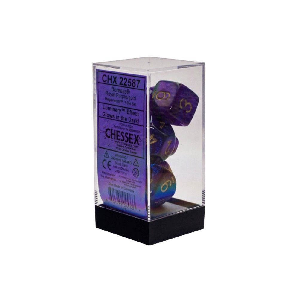 Chessex Borealis Royal Purple/gold 7-die set packaged in clear plastic