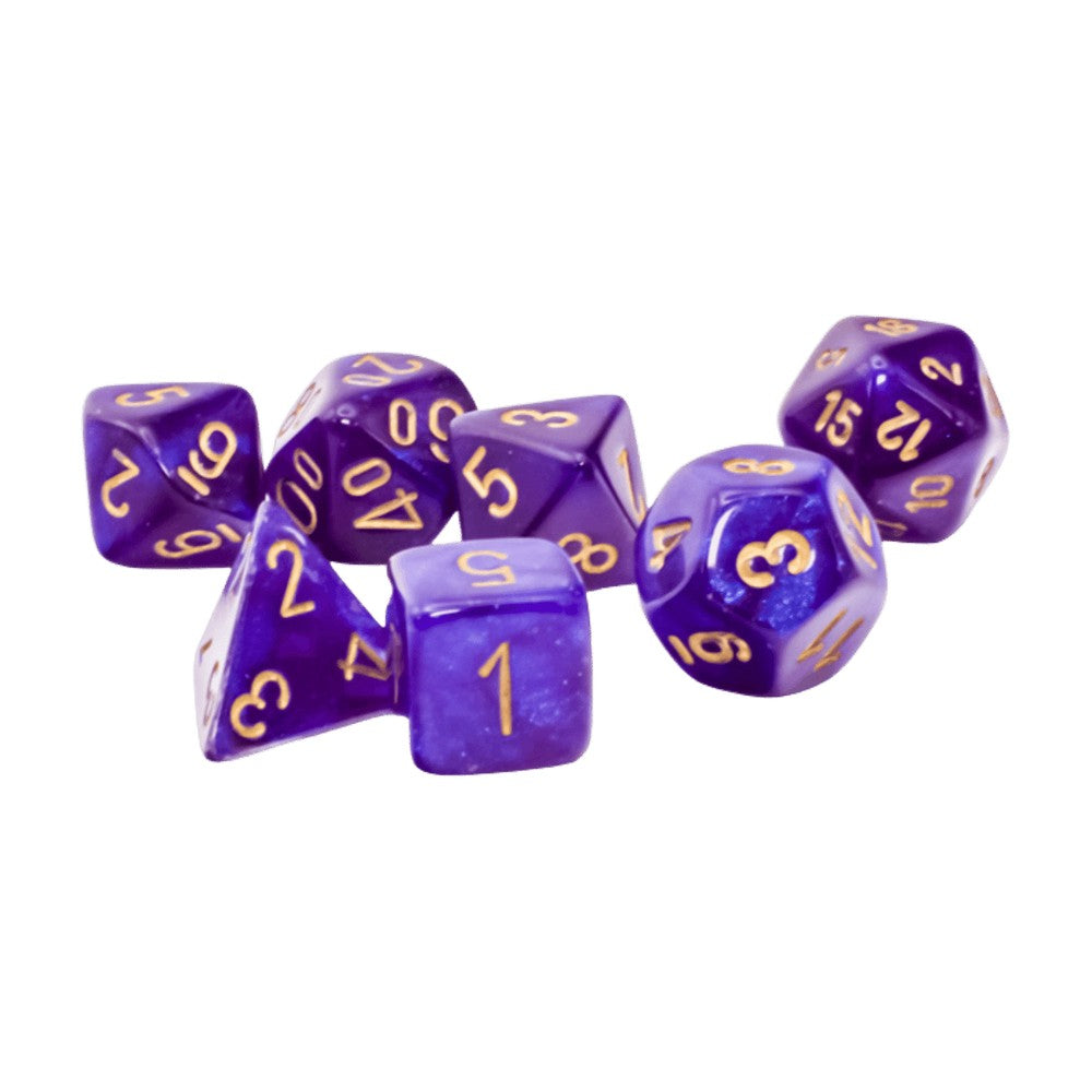 Seven purple polyhedral dice with gold numbers for D&D or RPG games, scattered on a white background