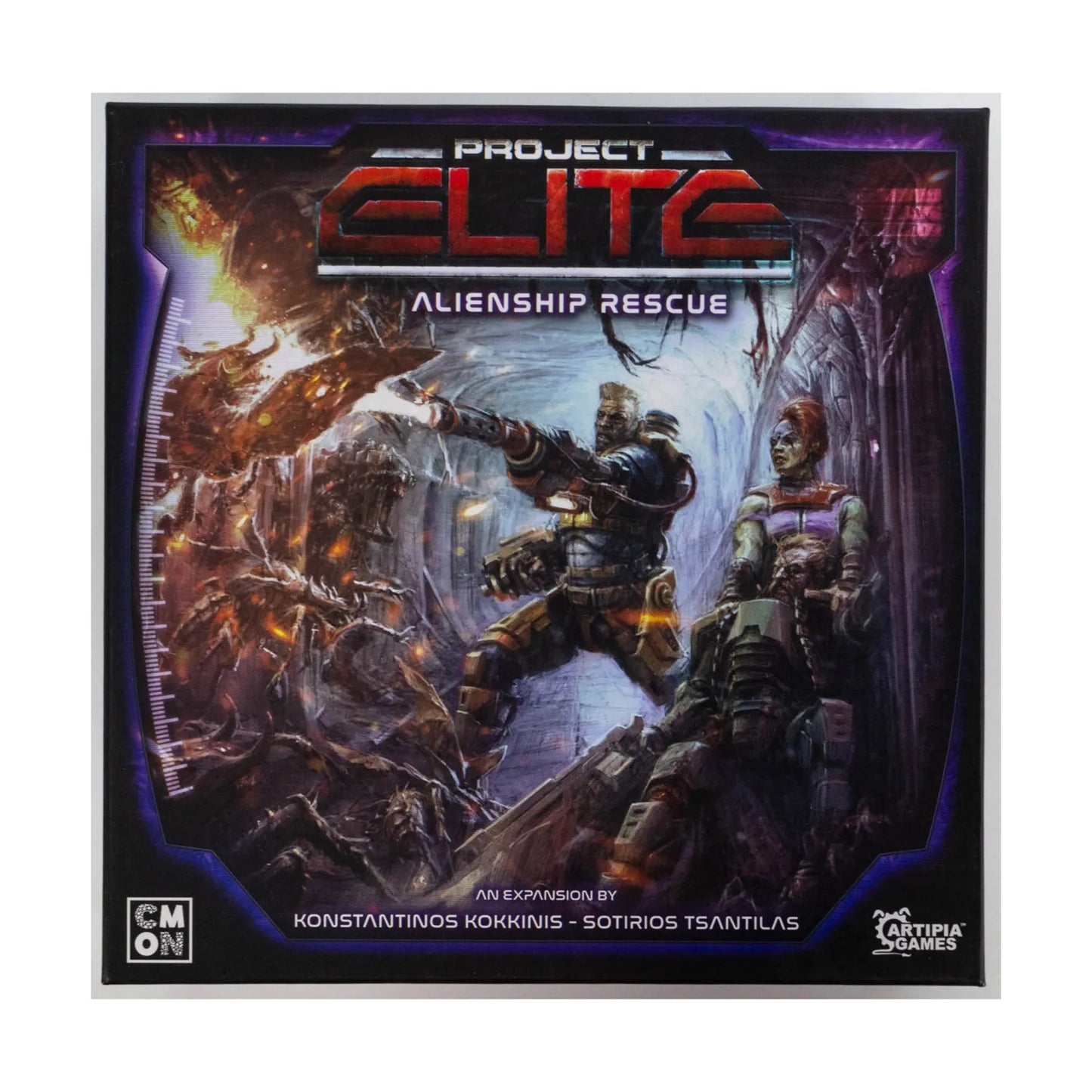 Two armored heroes in a tense sci-fi battle inside a dark, exploding alien ship