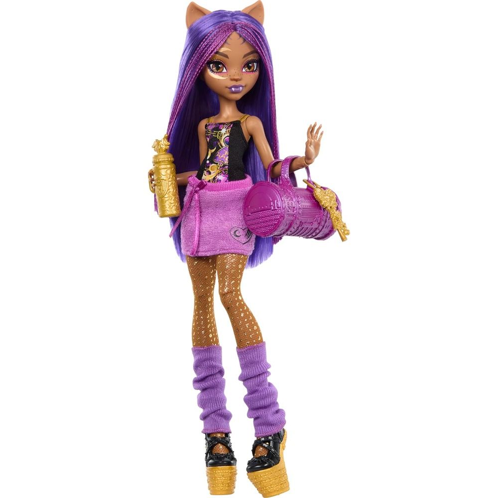 Monster High Clawdeen Wolf doll with long purple hair, cat ears, wearing a black top, purple skirt, gold tights, purple leg warmers, and platform shoes, holding a gold bottle and purple duffel bag