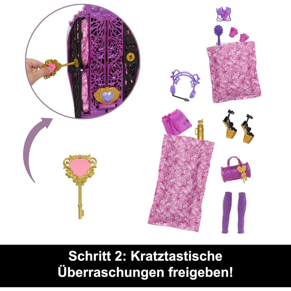 Purple doll locker being unlocked by a gold key, displayed are pink surprise packets, a purple headset, top, gold high heels, handbag, leg warmers, and other doll accessories