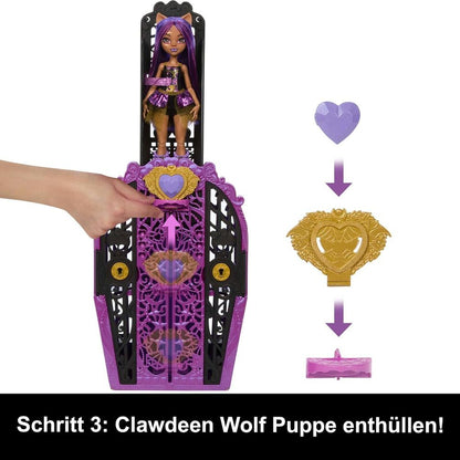 Hand reveals Monster High Clawdeen Wolf doll from a purple locker playset, heart-shaped mechanisms, including a gold spiderweb heart, are shown with a reveal sequence