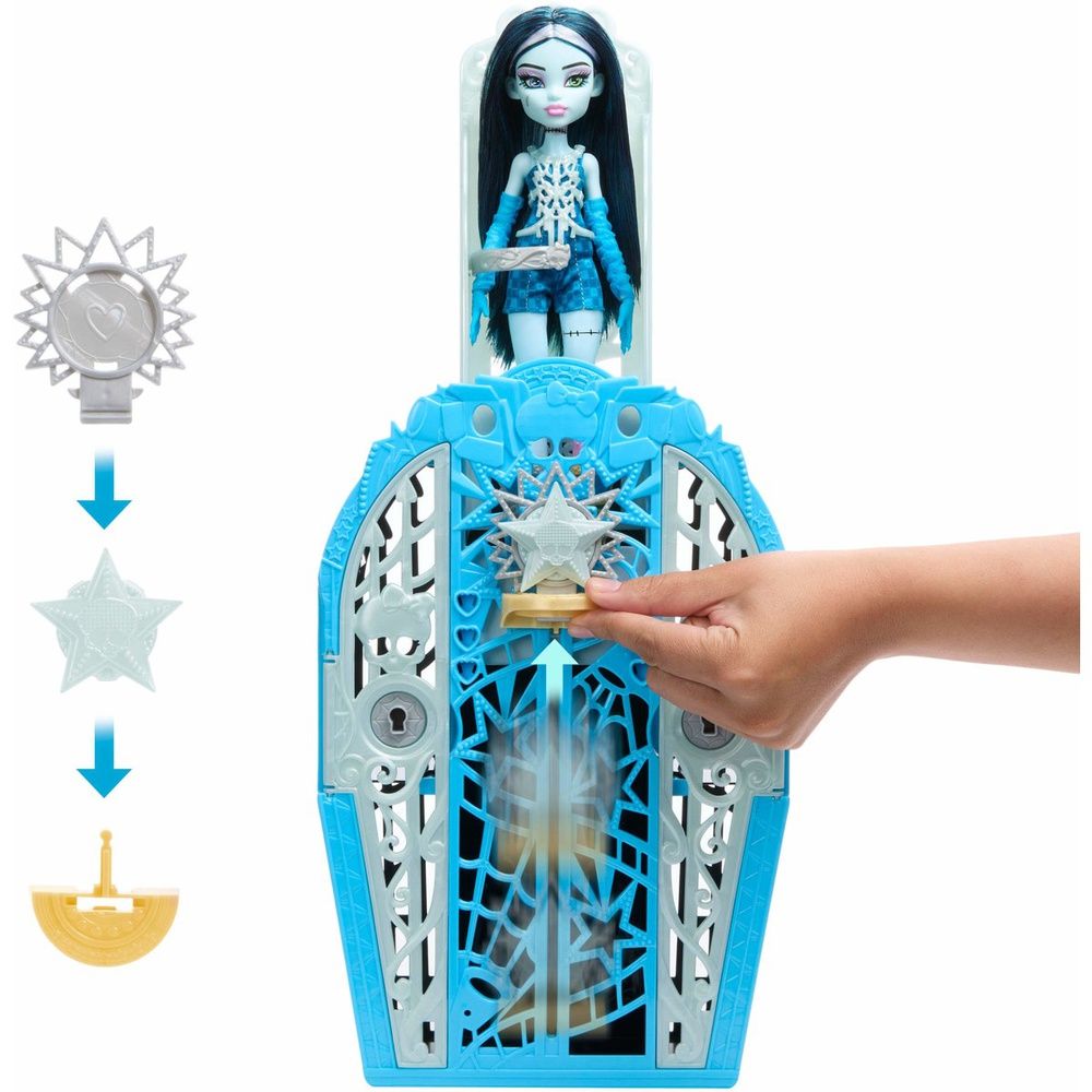 Monster High doll on blue locker playset, a hand inserts a star key into the locker, showing three interchangeable components on the left