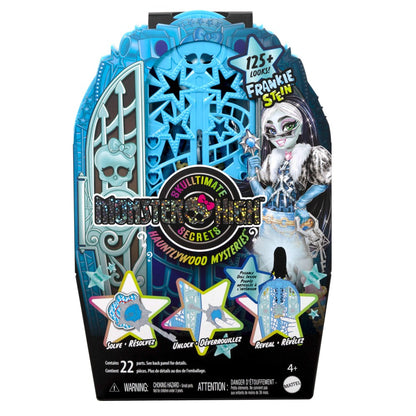 Monster High Skullette Secrets Hauntlywood Mysteries Frankie Stein doll set, blue locker packaging shows Frankie with white skin, black/white hair, holding a scepter