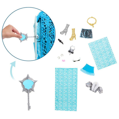Doll fashion set with a key unlocking a blue castle, silver & gold boots, glitter skirt, fur-trim hat and jacket, microphone, purse, necklace, and patterned blue wall stickers
