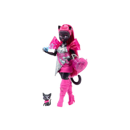 Monster High Cat doll with dark skin, pink hair, cat ears, tail, a pink & silver dress, pink boots, holding a blue butterfly, & a small black pet cat