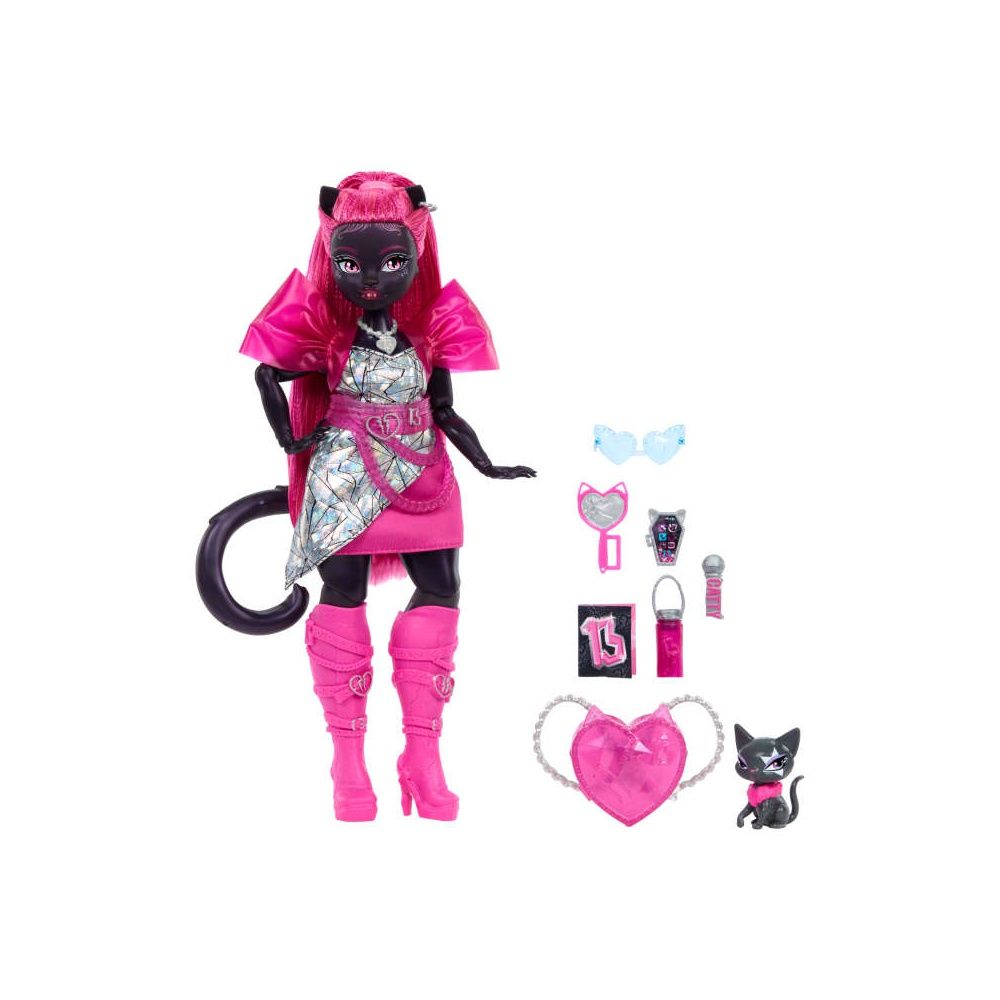 Black cat doll with pink hair, dress, and boots, featuring cat ears and tail. Comes with a black cat pet, heart-shaped bag, mirror, microphone, and other accessories