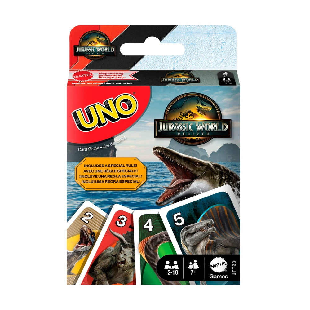 UNO Jurassic World Rebirth card game and the box shows a Mosasaurus emerging from the ocean, with dinosaur-themed game cards