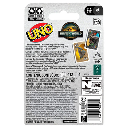 Back of a UNO Jurassic World card game box, featuring dinosaur-themed cards and game rules