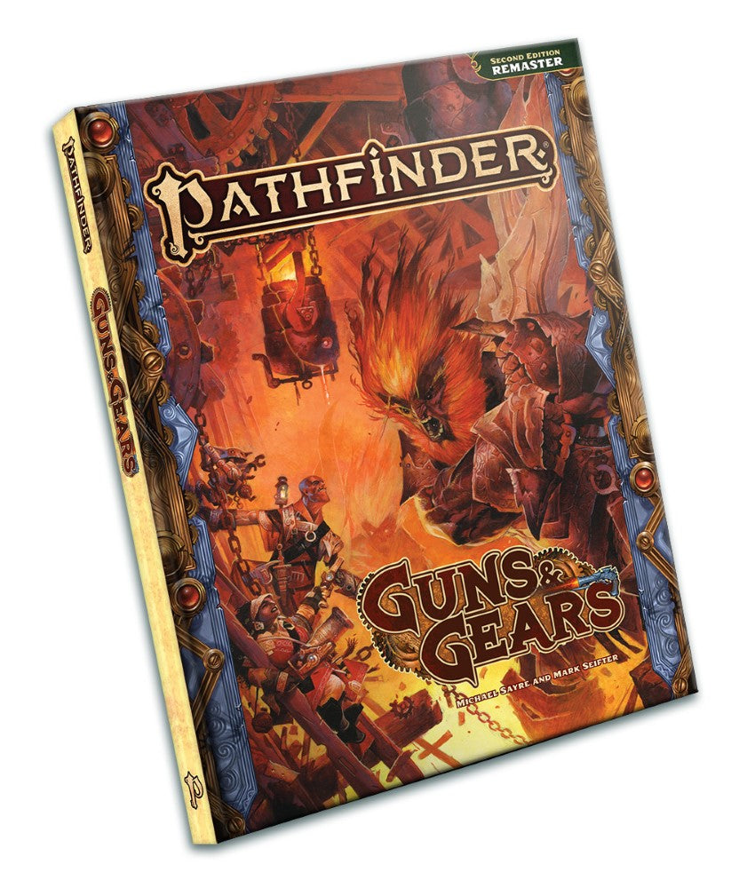 Pathfinder Guns and Gears RPG book cover showing heroes battling a fiery monster in an industrial, gear-filled setting