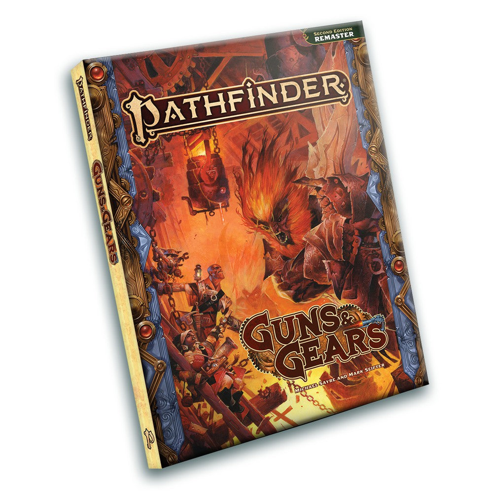 The Pathfinder RPG Guns & Gears Remastered Pocket Edition Rulebook features an orange cover with a fiery creature and people on wooden structures