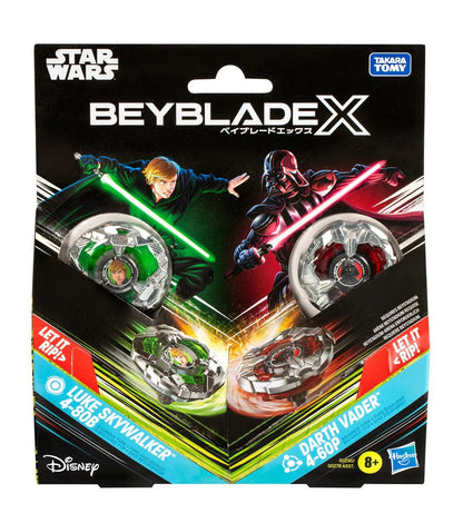 Star Wars Beyblade X 2-pack featuring Luke Skywalker and Darth Vader Beyblade toys on black packaging