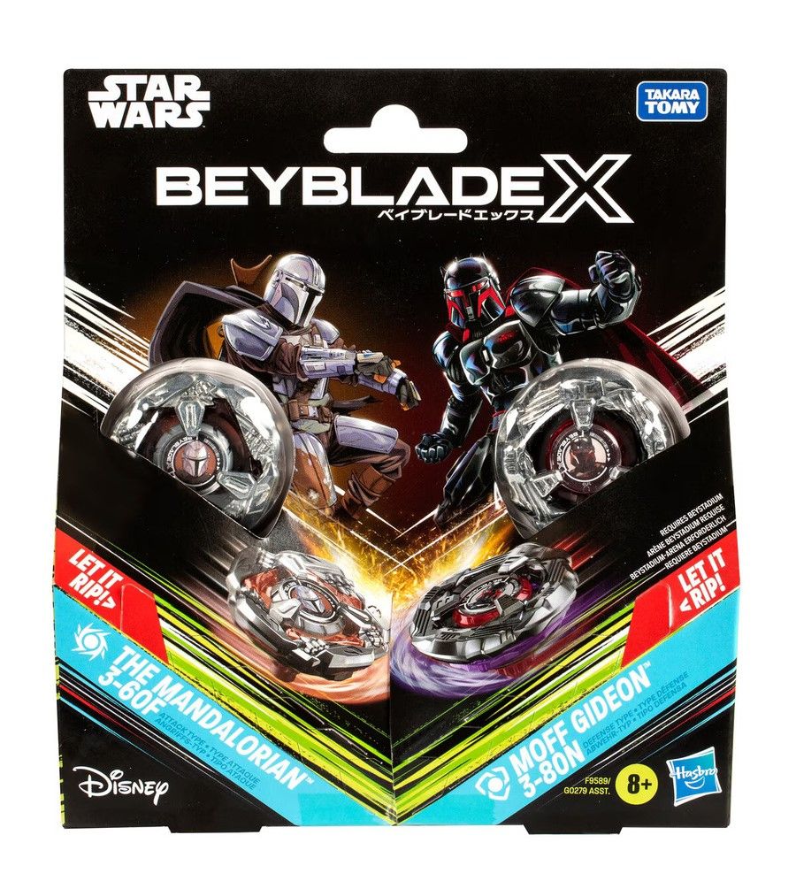 Star Wars Beyblade X packaging with Mandalorian & Moff Gideon character art, displaying two spinning tops and action graphics