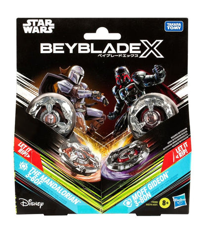 Star Wars Beyblade X packaging with Mandalorian & Moff Gideon character art, displaying two spinning tops and action graphics