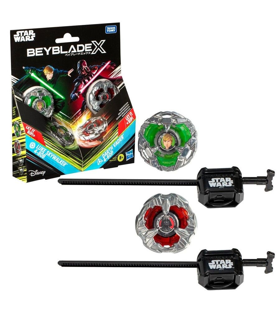 Green Luke Skywalker and red Darth Vader Star Wars Beyblade X tops with launchers, plus their box