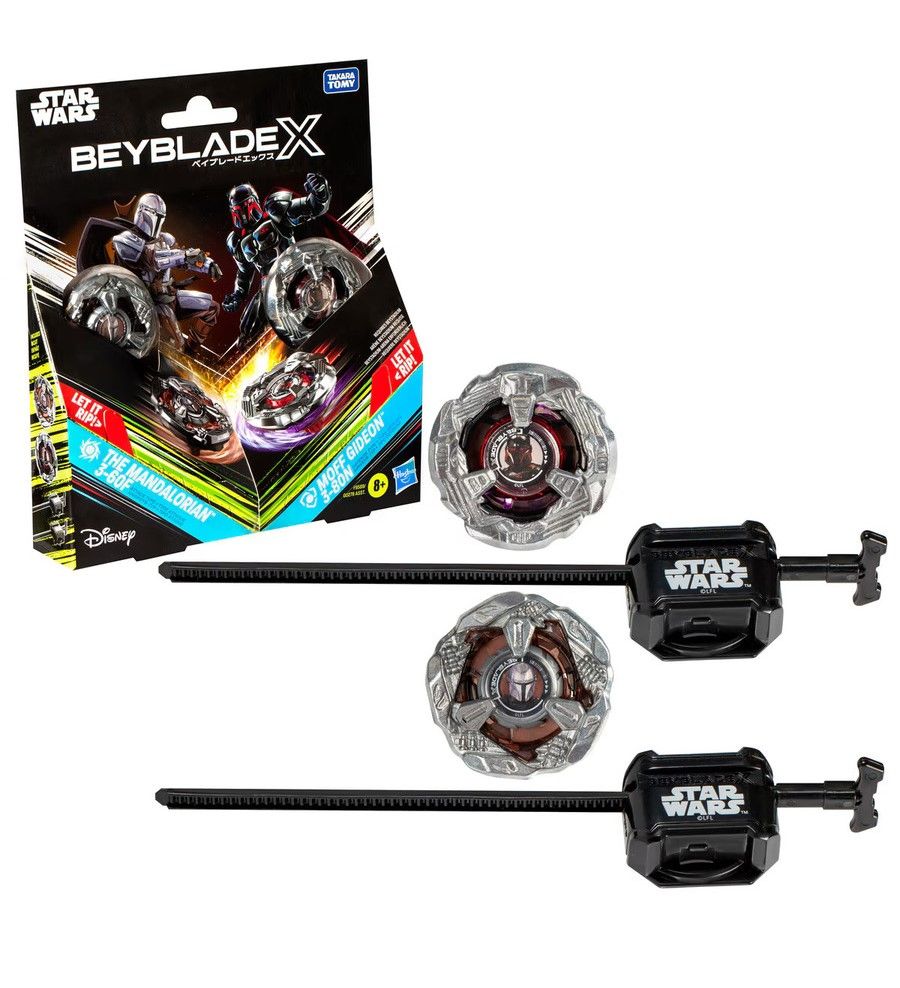 Star Wars Beyblade X toy set: black box with Mandalorian & Moff Gideon, two character-themed tops, and two launchers