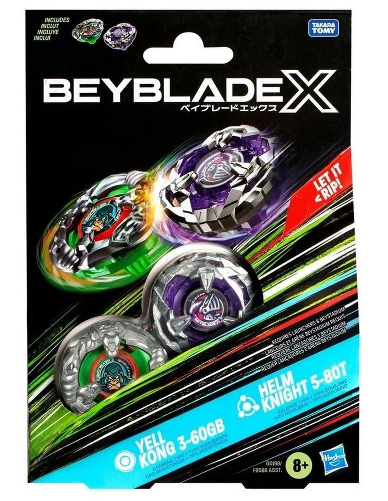 Beyblade X toy package featuring two spinning tops, green Yell Kong and purple Helm Knight, with "LET IT <RIP!" slogan