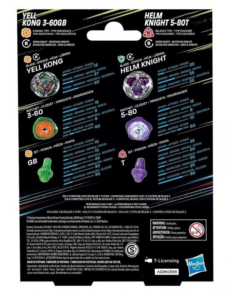 Detailed product information for two Beyblade X tops, Yell Kong and Helm Knight, showing their components and combat stats