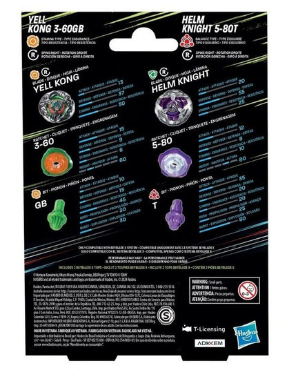 Detailed product information for two Beyblade X tops, Yell Kong and Helm Knight, showing their components and combat stats