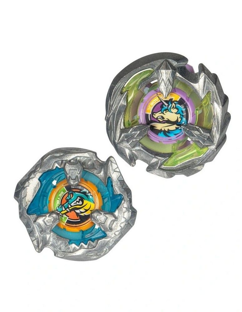 Two metallic Beyblade spinning tops; one features a unicorn, the other a crocodile