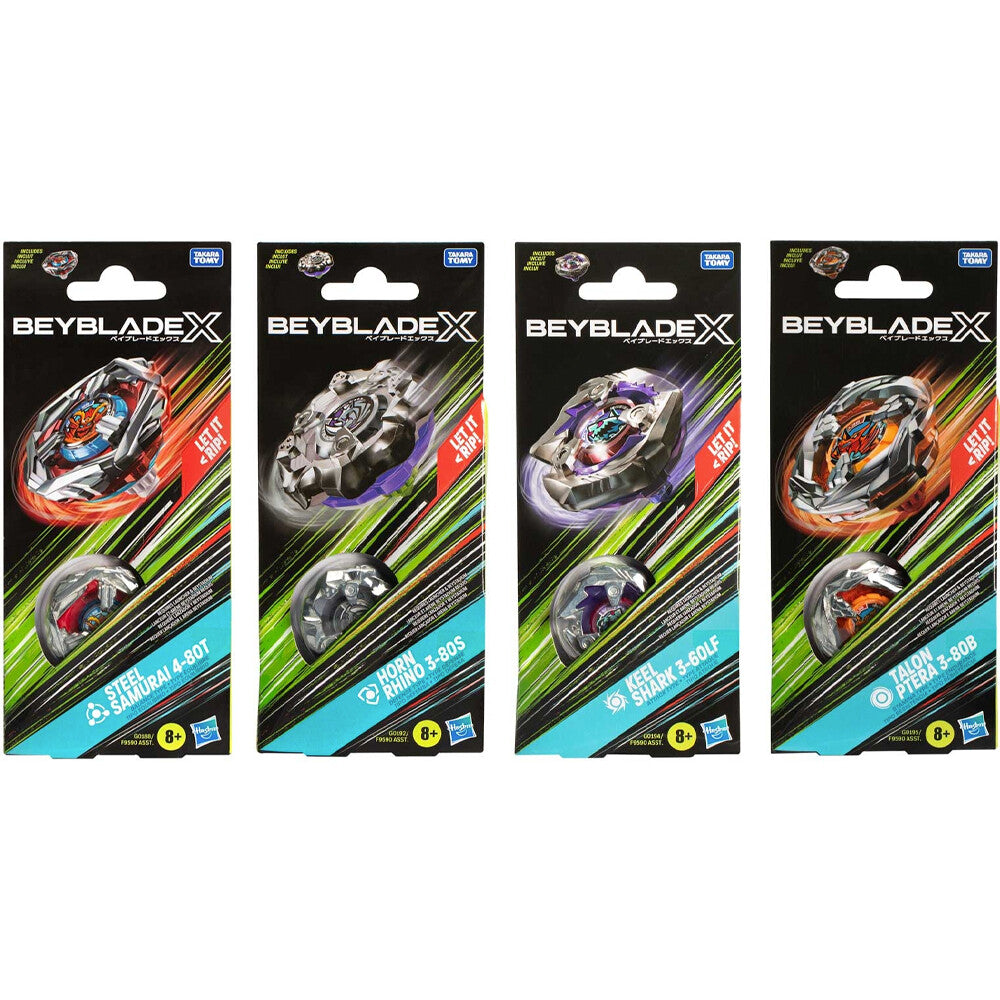 Four different Beyblade X toy packages, showing spinning tops in action with "Let it Rip!" branding