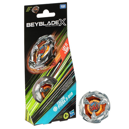Beyblade X "TALON PTERA 3-80B" spinning top toy, displayed next to its black and green packaging