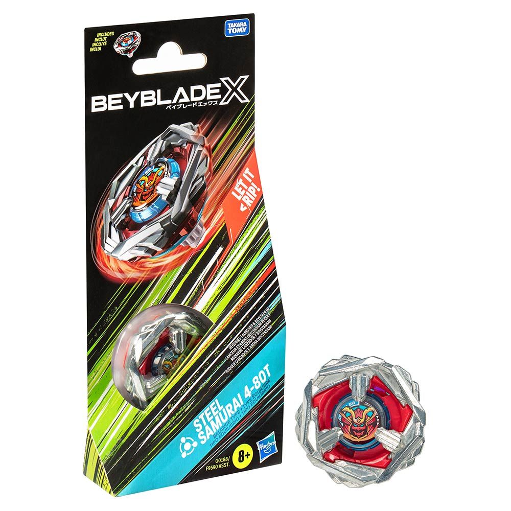 Beyblade X Steel Samurai 4-80T spinning top in its packaging, with a loose metallic silver and red top beside it