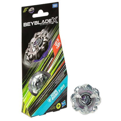 A Beyblade X Horn Rhino 3-80S spinning top, shown in its retail packaging and unboxed beside it