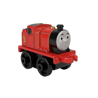 A red mini toy train with the number 5 on its side and a friendly face looking forward