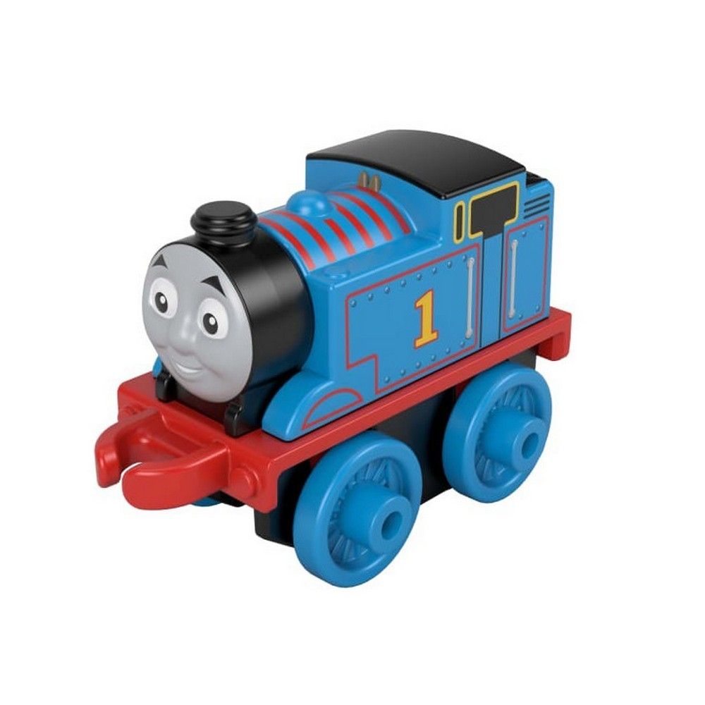 A blue Thomas and Friends Mini Vehicle toy train with a smiling face, red stripes, number 1, and blue wheels