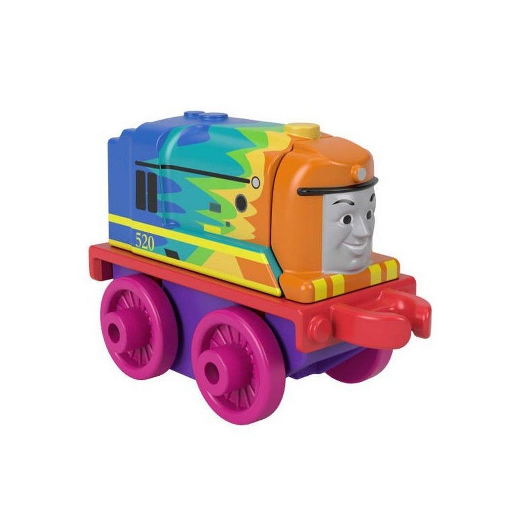 A colorful mini vehicle toy train engine with a rainbow design, orange face, magenta wheels, and the number 520