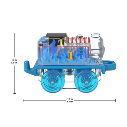 A translucent mini train toy featuring blue flames and an orange number 1 on its side, measuring 1.3 inches high and 1.9 inches long