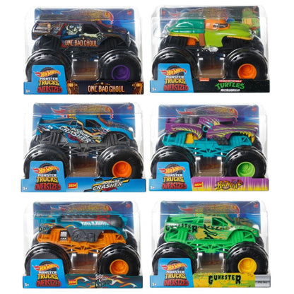 Six assorted Hot Wheels Oversized Die-Cast Singles Monster Trucks are displayed in their individual clear plastic packaging