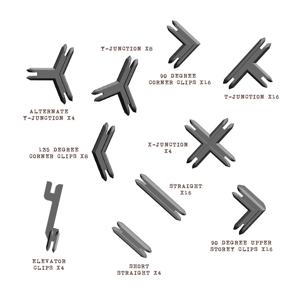 An inventory of 10 types of gray plastic modular clips: junctions (Y, T, X), straight, and various corner clips with quantities