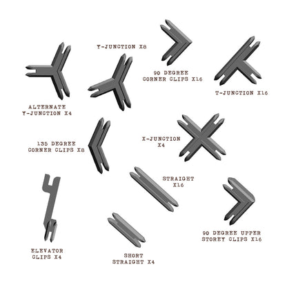 An inventory of 10 types of gray plastic modular clips: junctions (Y, T, X), straight, and various corner clips with quantities