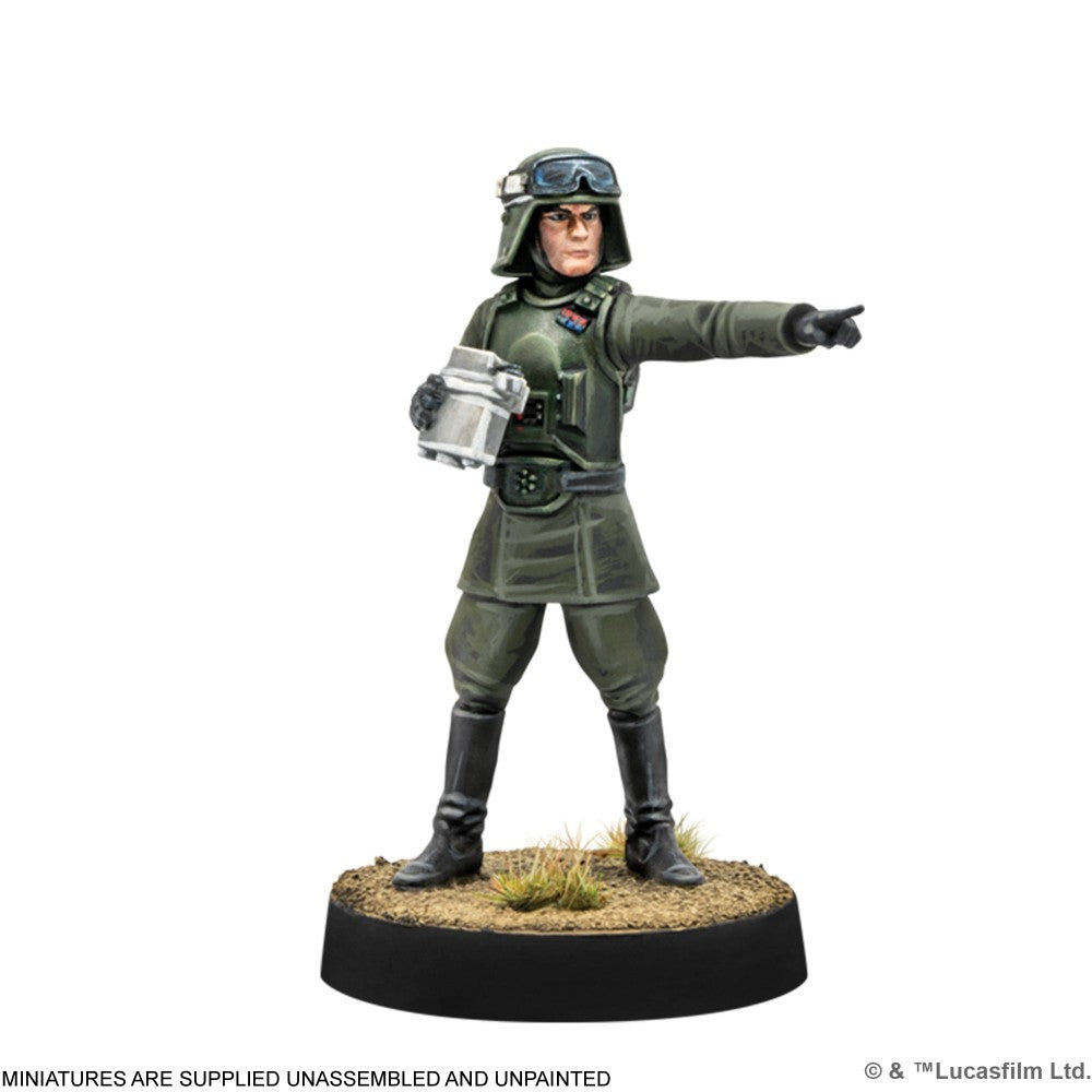Painted miniature of a Rebel Officer in a green uniform and helmet, pointing decisively