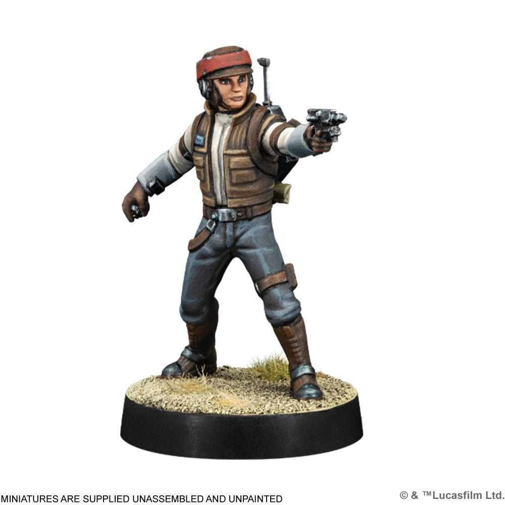 Painted miniature of a Star Wars Rebel operative in a brown vest, aiming a blaster pistol