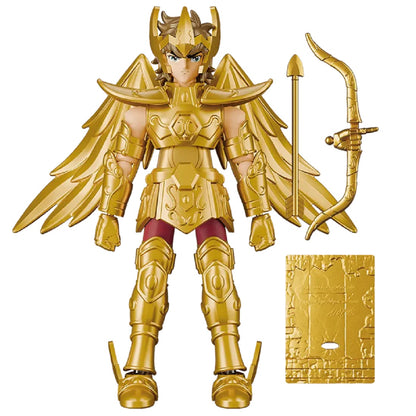 Saint Seiya action figure wearing detailed golden armor and wings, with bow and arrow accessories