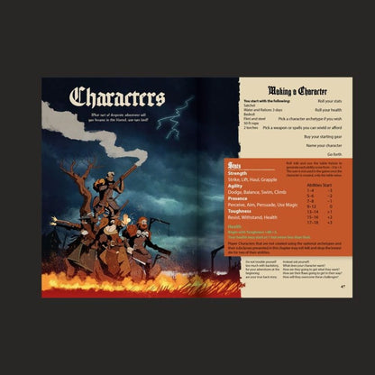 RPG rulebook page: Adventurers on a fiery battlefield under a stormy sky. One fires a rifle, others ready for action
